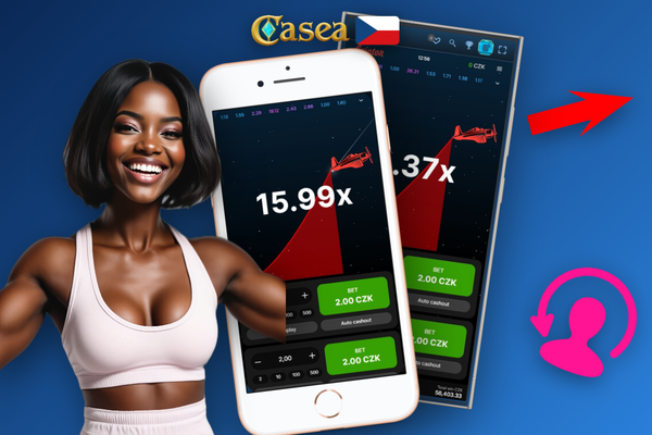 Sázkový panel Aviator s tlačítkem Cash Out v CZK v Casea Casino