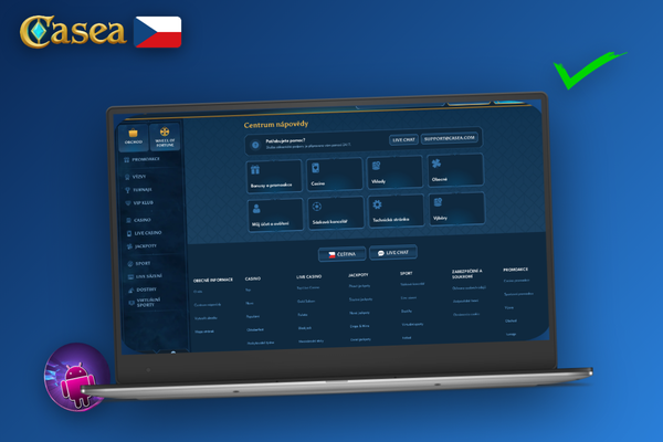 Hráč spouští Casea Casino živý chat na notebooku v pohodlí domova
