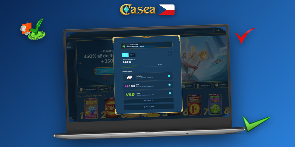 Přehled pokladny Casea Casino s metodami vkladu a formulářem pro zadání částky